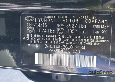 2016 Hyundai Accent Se из США, поврежденный, VIN KMHCT4AE2GU019184